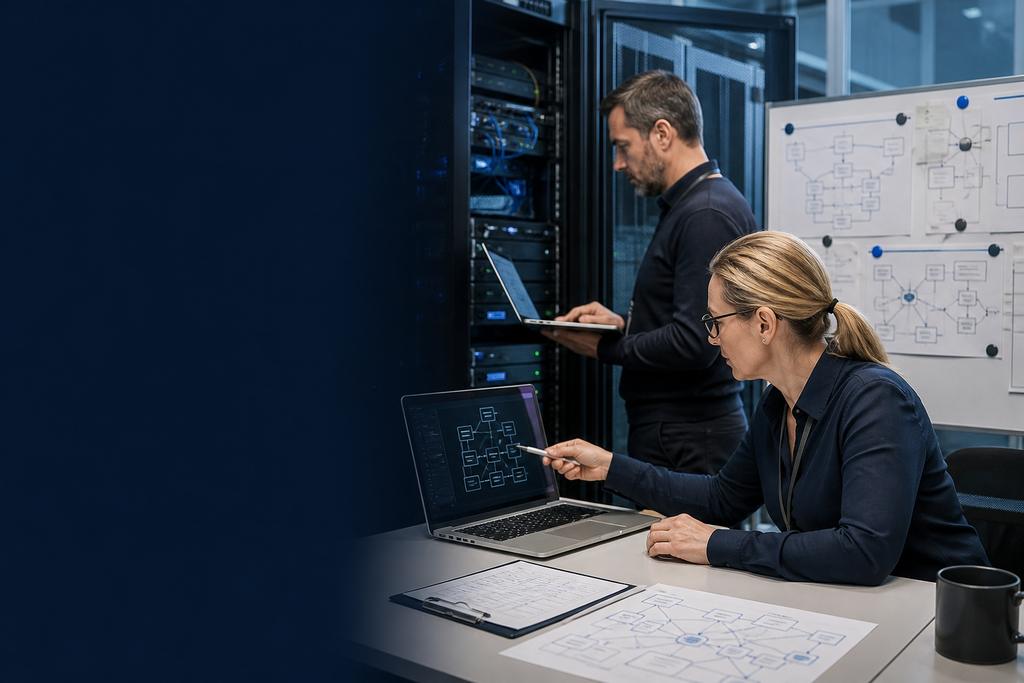 Illustratieve cybersecurityspecialisten die een kritieke bedrijfsfunctie koppelen aan assets, identities, controls en owners