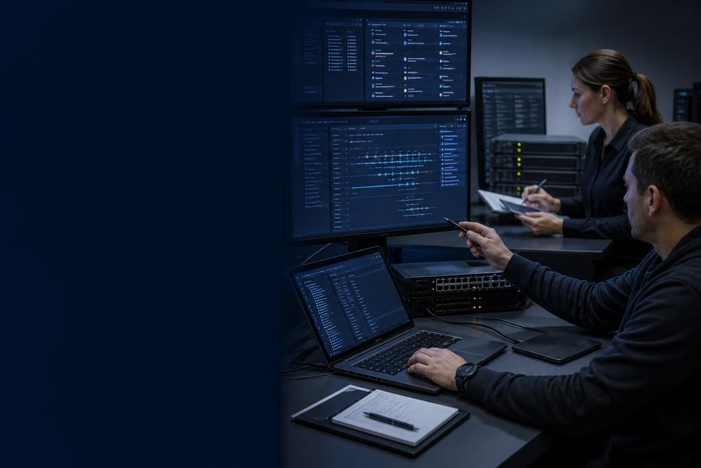 Illustratieve cybersecurity-auditors die incidentrollen, noodtoegang, logtijdlijn, technische beperking, communicatie en herstel controleren