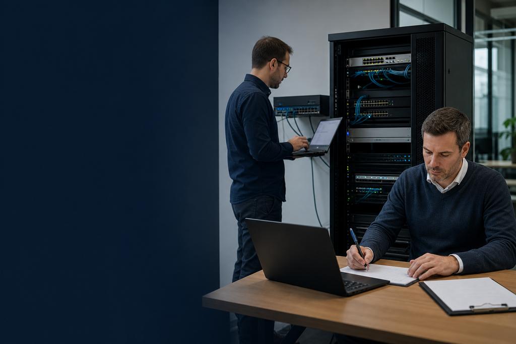 Illustratieve auditors en ICT-specialisten die beleid, accounts, werkplekken, servers, firewall, logging en herstelbronnen controleren