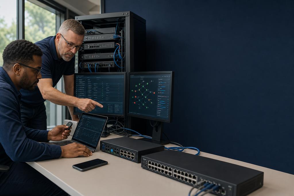 Illustratieve software- en cybersecurity-auditors die architectuur, repository, componenten, CI/CD, testresultaat, release en productieversie controleren