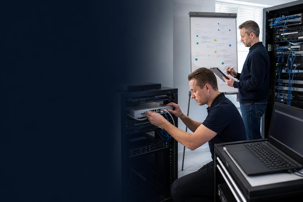 Illustratieve ICT-specialisten die accounts, werkplekken, server, firewall, monitoring en herstel voor een beveiligingsuitrol controleren