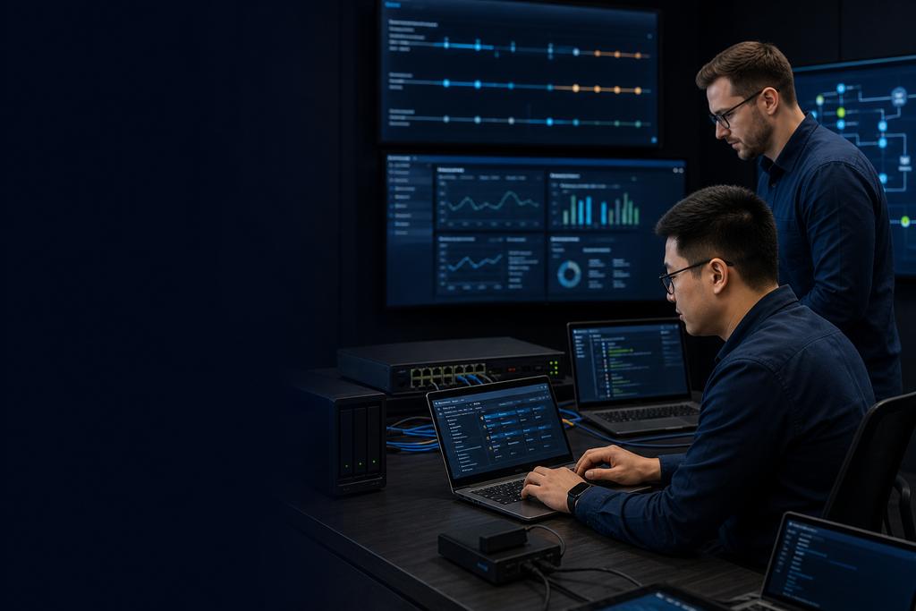 Illustratieve IT/OT- en securityspecialisten die netwerkzones, benoemde leverancierstoegang, passieve monitoring en een begrensde wijziging instellen