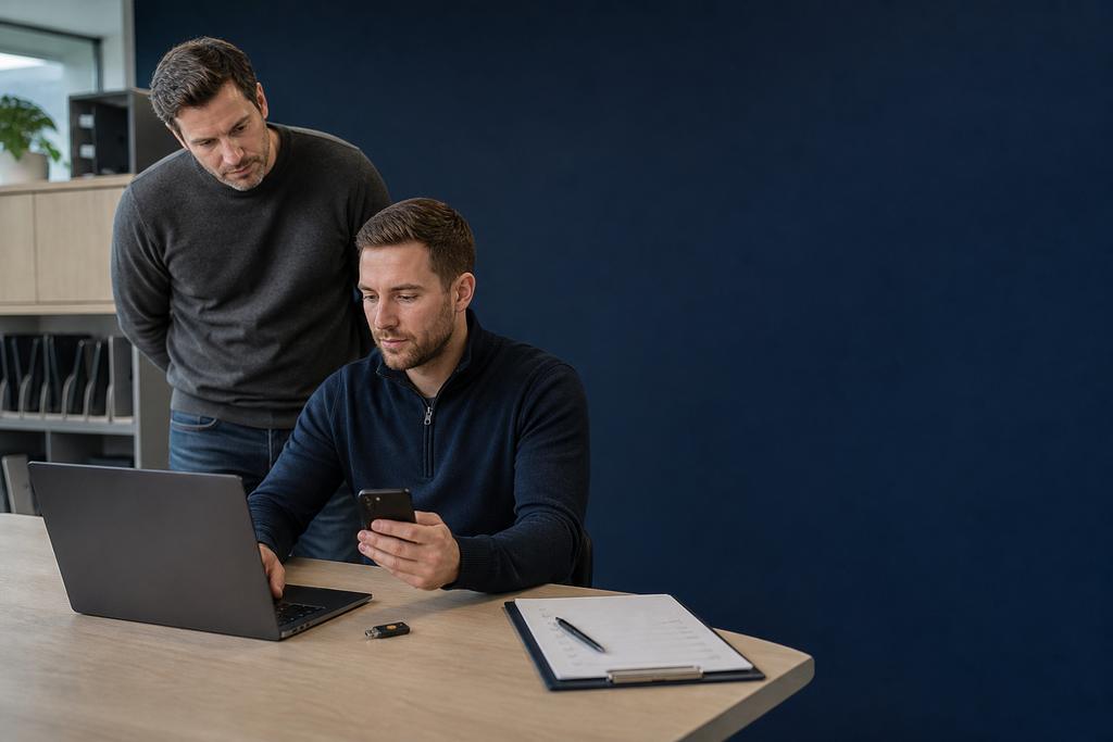 Illustratieve ontwikkelaars die broncode, ontwikkeltools, build en testversie op een digitale werkplek controleren tijdens digitale werkplekinrichting