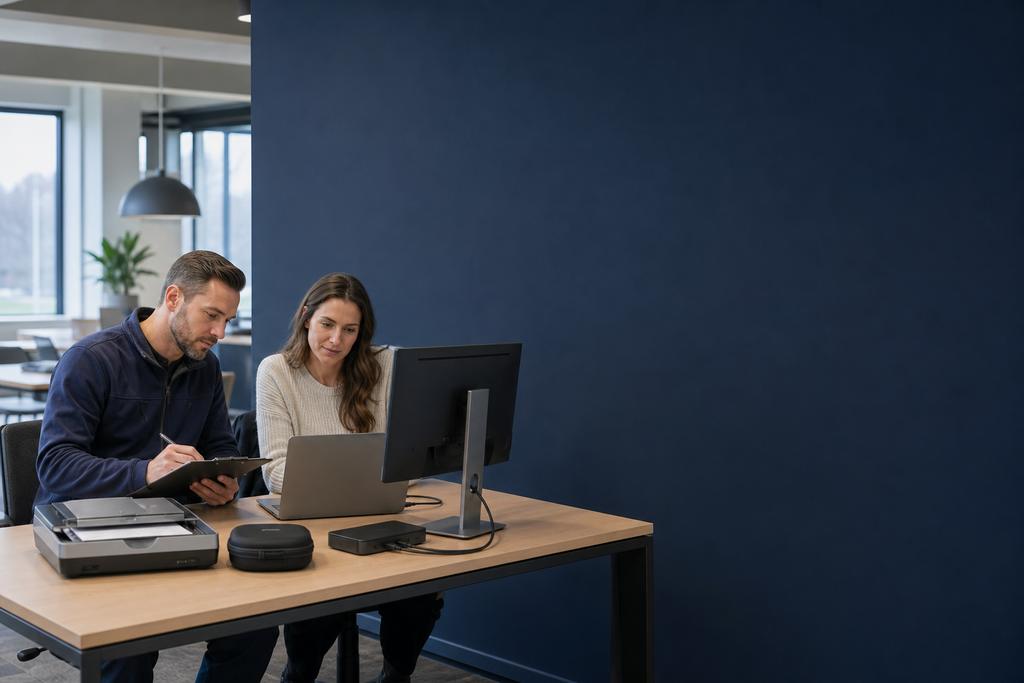Illustratieve werkplektechnicus en medewerker die laptop, Microsoft 365, reserveapparaat en veilige inname controleren tijdens digitale werkplekinrichting