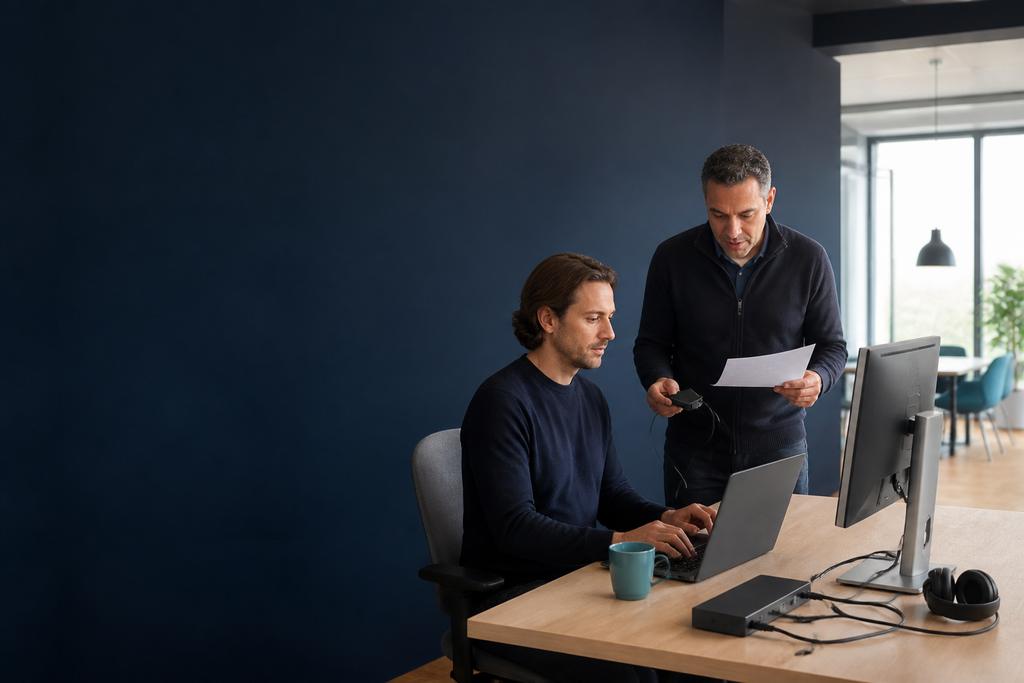 Illustratieve medewerker en ICT-specialist die aanmelden, Microsoft 365, bedrijfssoftware en randapparatuur op een digitale werkplek testen tijdens digitale werkplekinrichting