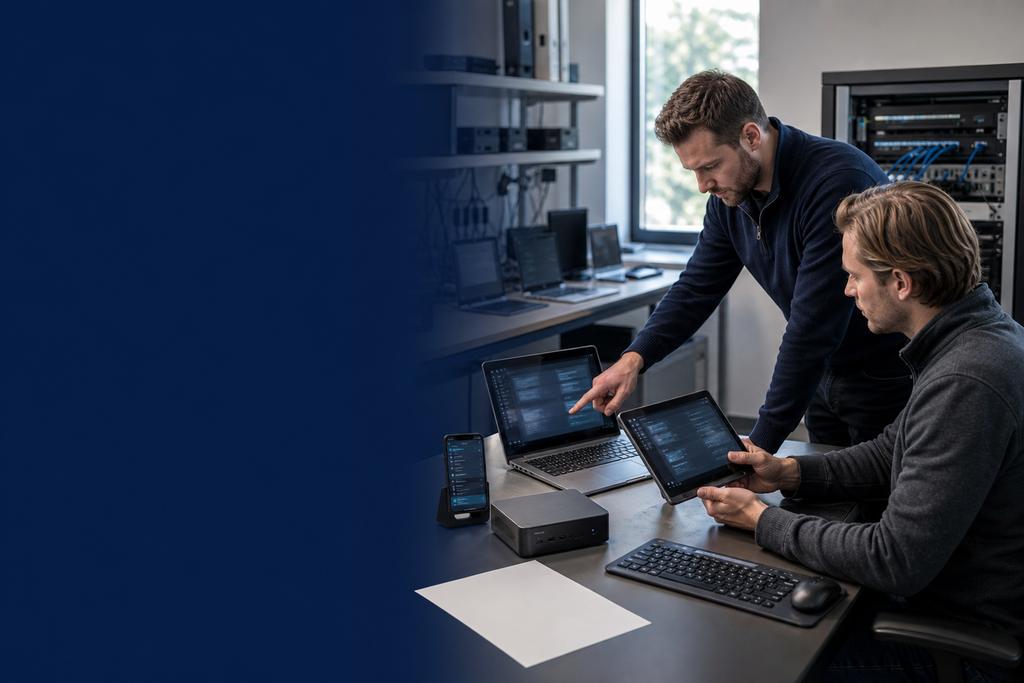 Illustratieve endpointbeheerders die laptops en mobiele apparaten voor veilige centrale inrichting en controle voorbereiden