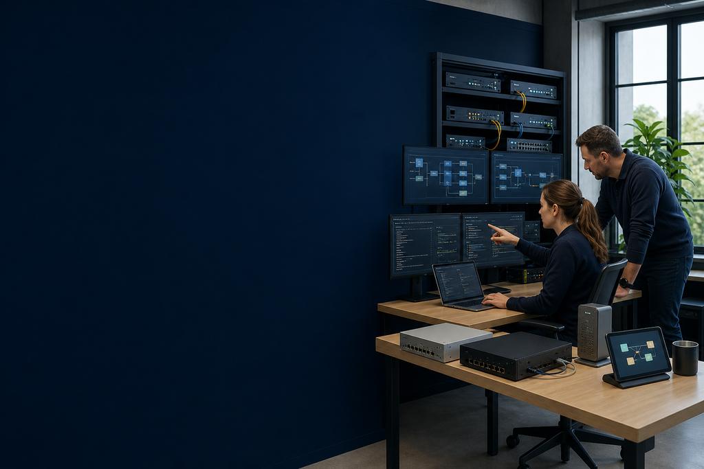 Illustratieve software- en netwerksecurityspecialisten die een Azure WAF-route naar webapplicatie en API met testverkeer en rollback controleren