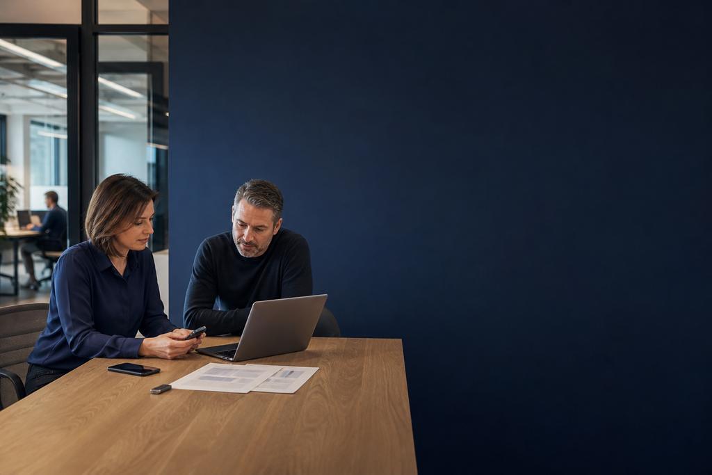 Illustratieve Microsoft 365-specialist die met een medewerker veilige toegang, mail, bestanden en samenwerking ontwerpt