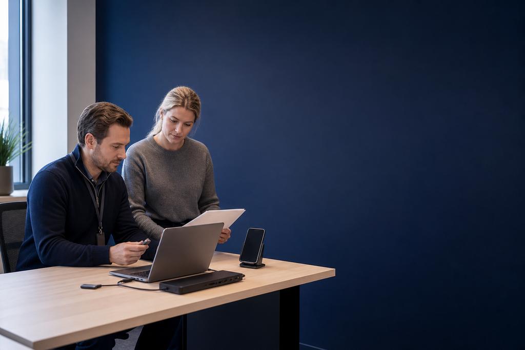 Illustratieve Microsoft 365-specialist en medewerker die toegang, apparaten, bestanden en herstel controleren