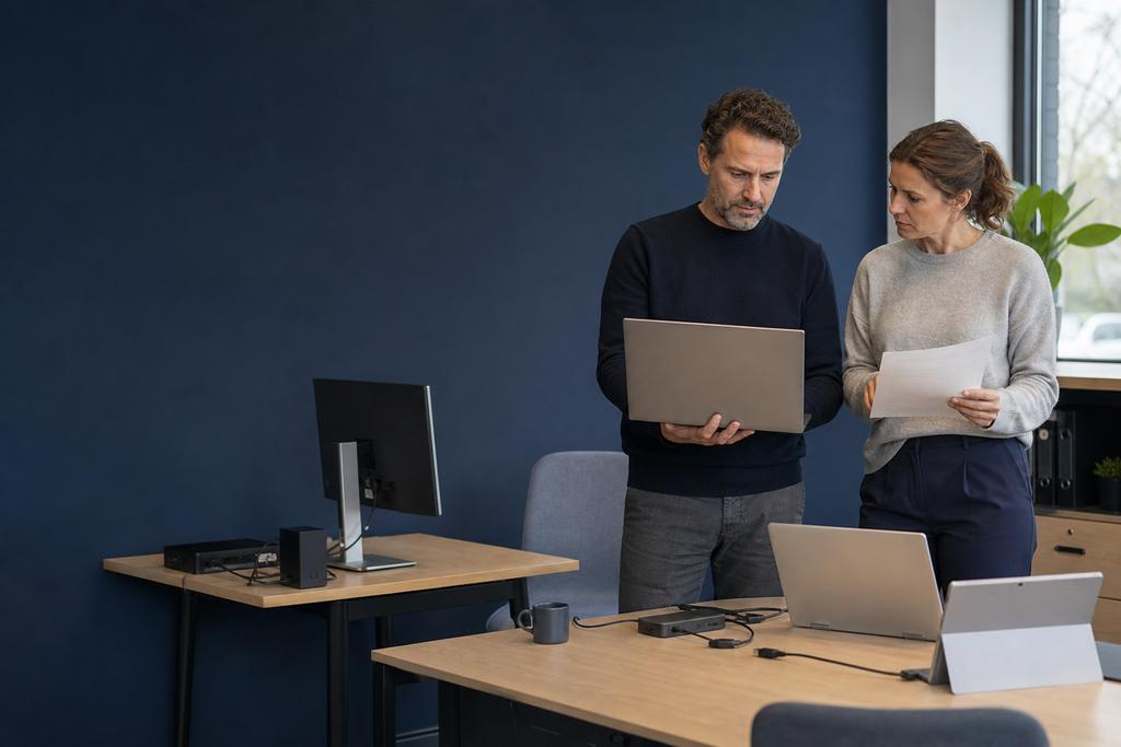 Illustratieve Microsoft 365-specialist en medewerker die accounts, toepassingen, bestanden en werkafspraken in kaart brengen