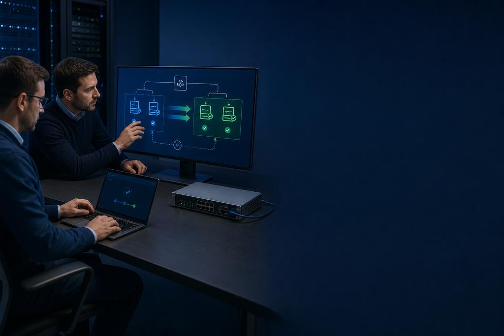Illustratieve software-engineers die high availability software gecontroleerd naar een tweede applicatieomgeving omschakelen