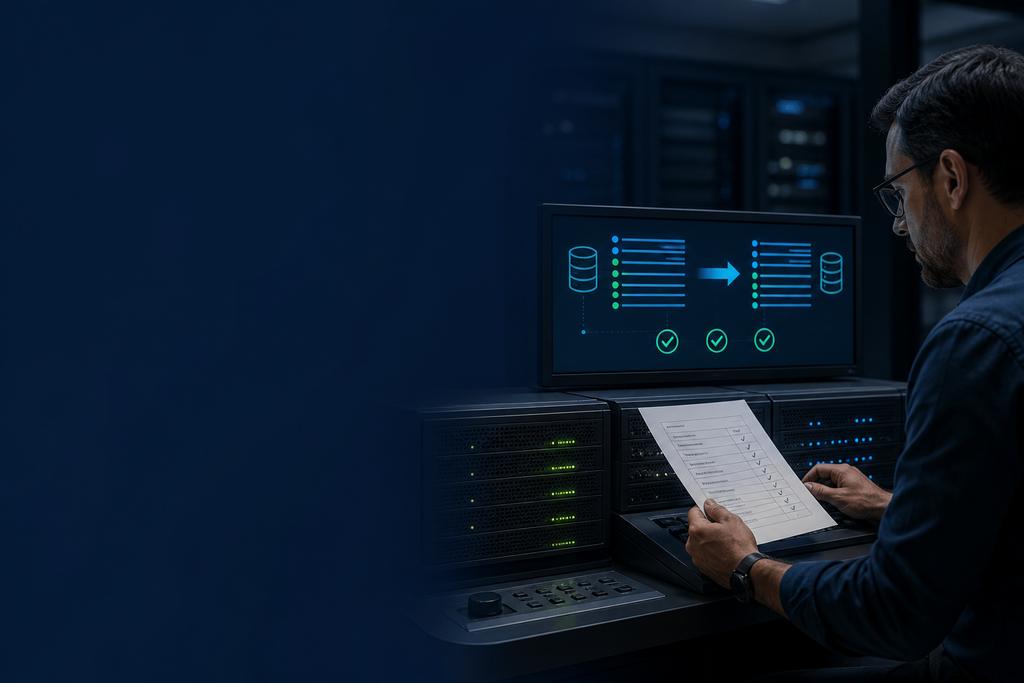 Illustratieve database- en software-engineer die gegevens en terugkeer voor high availability software controleren