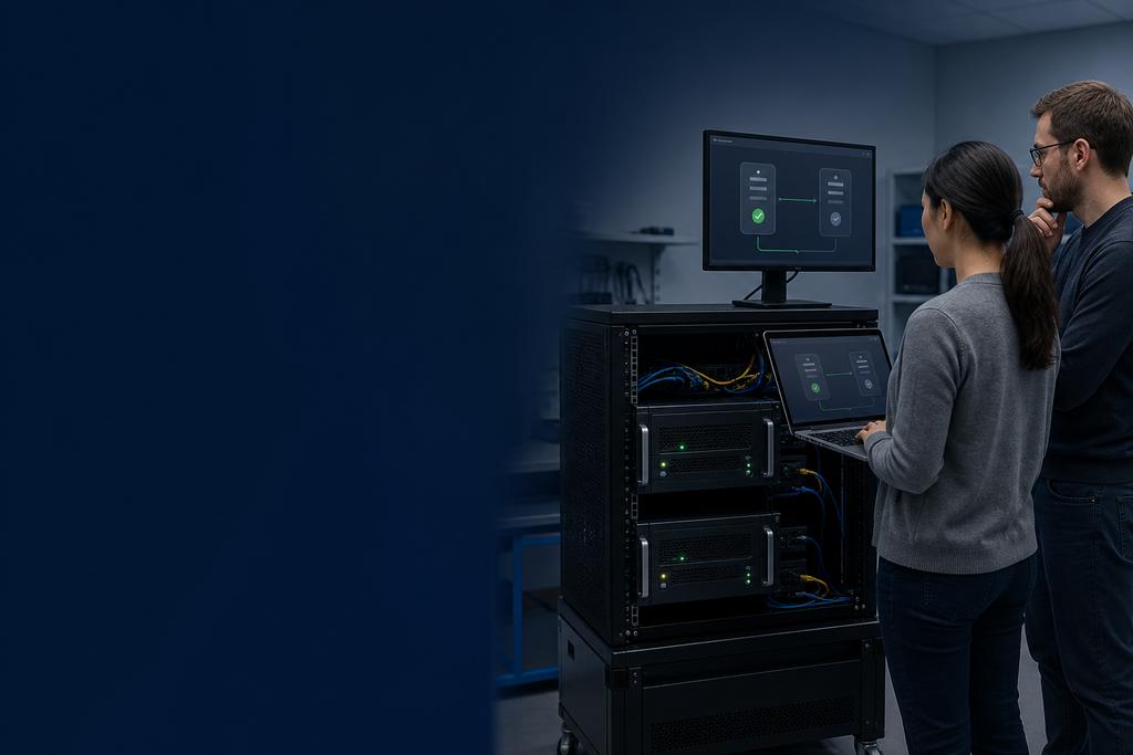 Illustratieve software-engineers die high availability software en beschikbaarheidscontroles tijdens een uitvalproef beoordelen