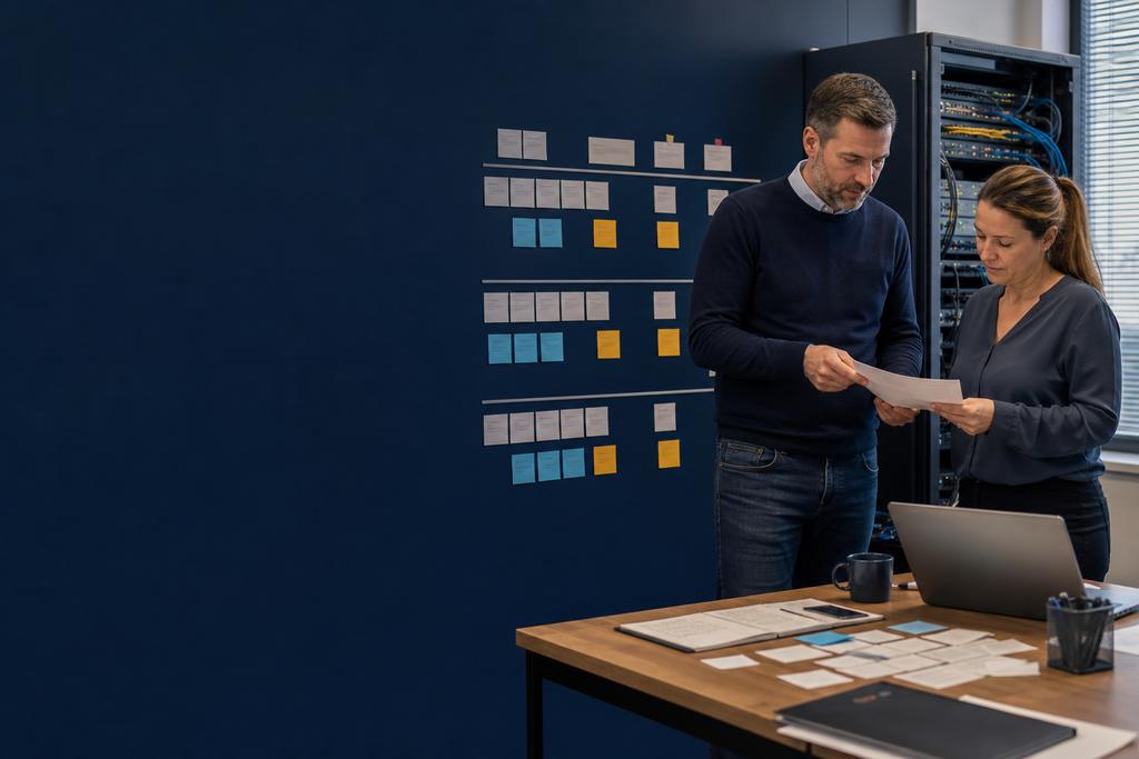 Illustratieve cloudengineer en service-eigenaar die fasering, lokale en publieke cloud, netwerk, pilot, tests, herstel en overdracht voorbereiden