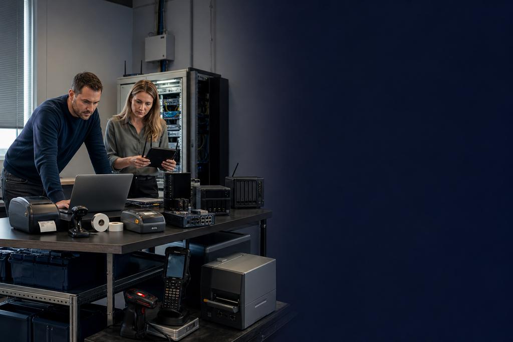 Illustratieve cloudengineer en proceseigenaar die applicatieservices, database, scanner, printer, koppelingen, werktaak, uitval en herstel testen