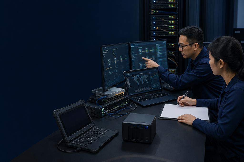 Illustratieve securityengineers die endpoint- en firewalltelemetry volgen, een testsysteem isoleren en een herstelpad controleren