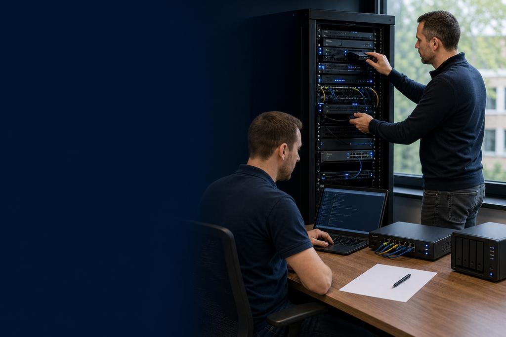 Illustratieve IT-specialisten die servers, firewall, switch, opslag en back-up als veilige technische basis configureren