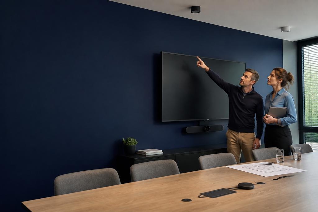 Illustratieve ICT-specialist en facilitair verantwoordelijke die camera, microfoon, display en zichtlijnen van een zakelijke vergaderruimte beoordelen