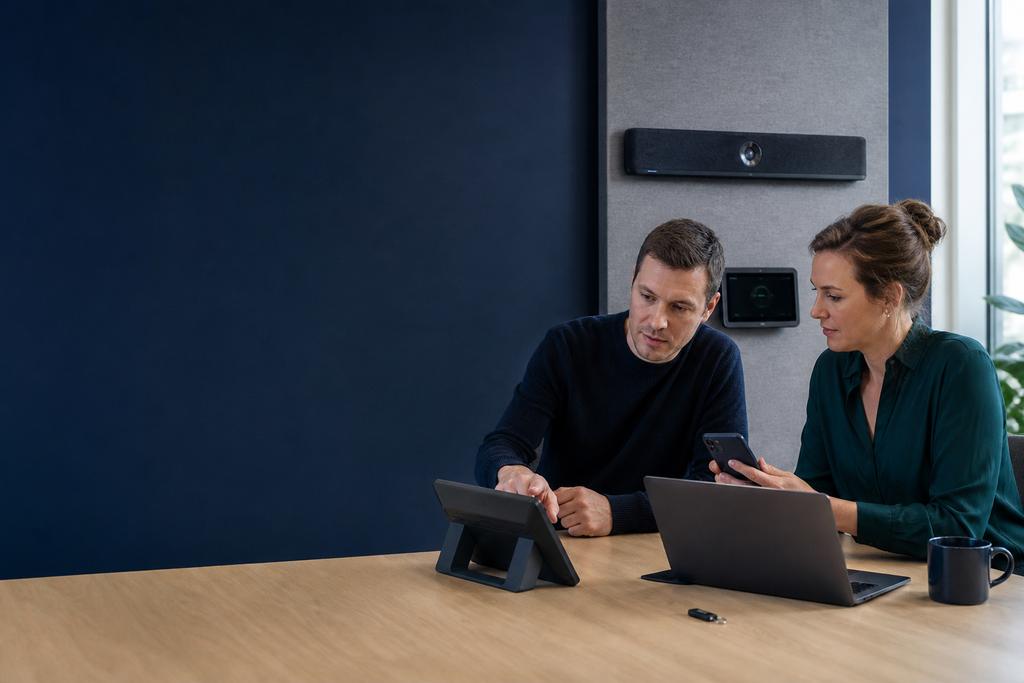 Illustratieve Microsoft Teams Rooms-beheerder en ICT-eigenaar die ruimteconsole, camera, firmwareversies en veilige update-instellingen controleren