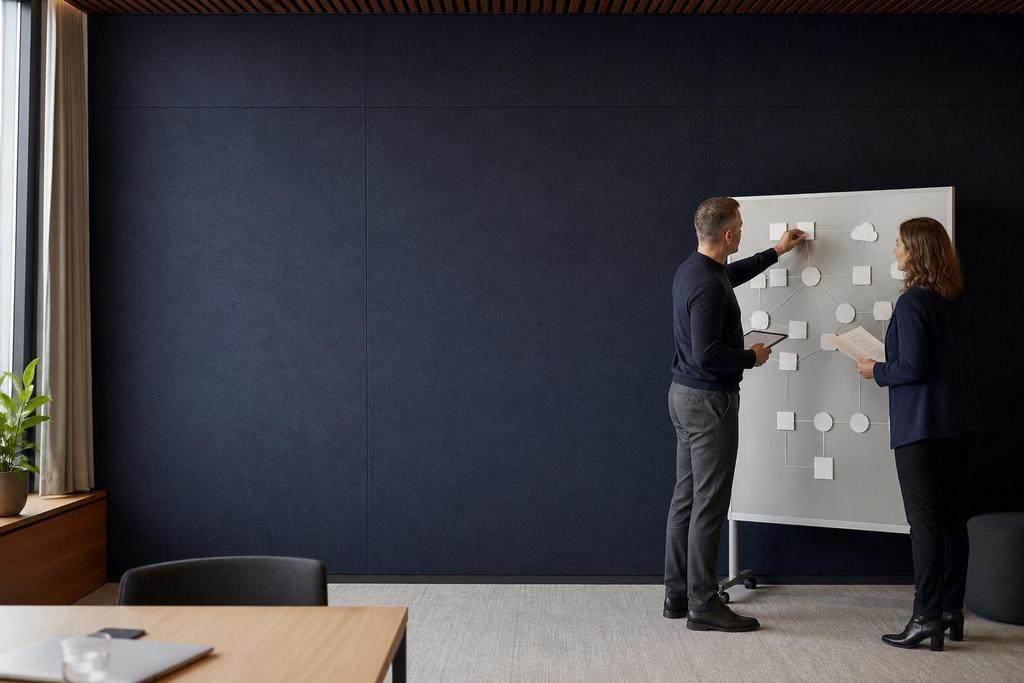 Illustratieve ICT-specialist en operationeel verantwoordelijke die afhankelijkheden en capaciteit voor een geautomatiseerde planning beoordelen