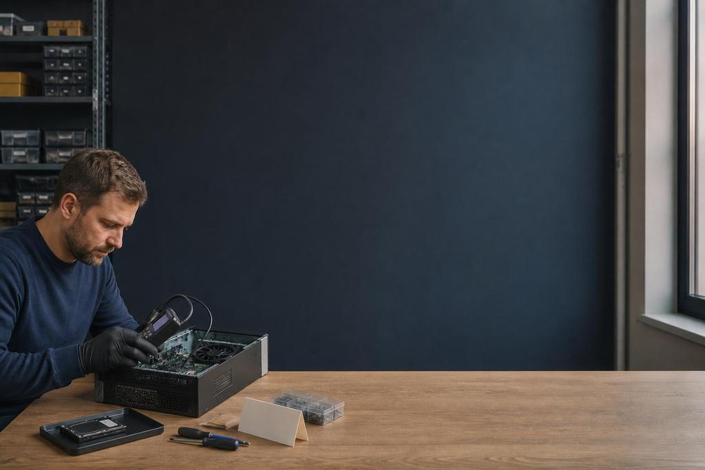 Illustratieve IT-specialist die na een crash computer- of edgehardware en herstelopties onderzoekt