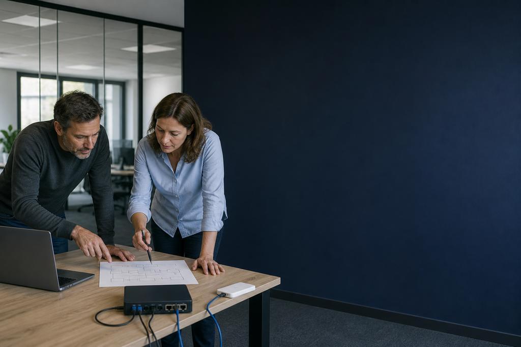 Illustratieve IT-architect en proceseigenaar die onderzoeken waar een IT-omgeving een bedrijfsproces belemmert