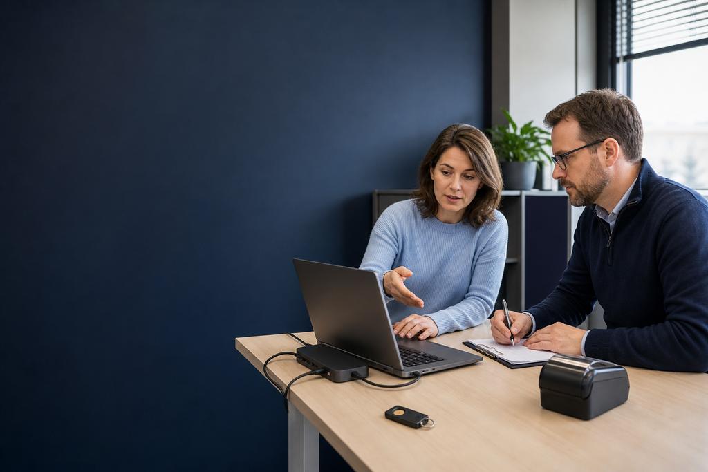 Illustratieve medewerker en IT-specialist die terugkerende frustratie in een digitale werktaak samen onderzoeken waar IT voor frustratie zorgt
