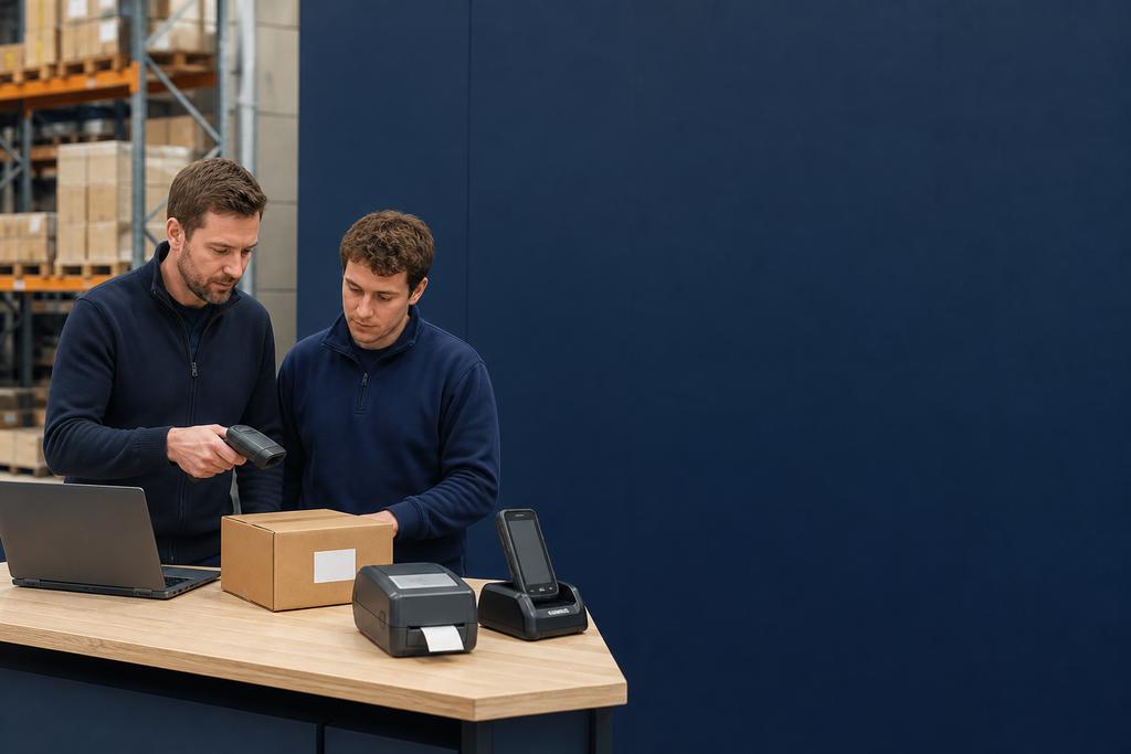 Illustratieve magazijnmedewerker en applicatiespecialist die barcode, inkooporder, scanner en afwijkende goederenontvangst met proefartikelen controleren