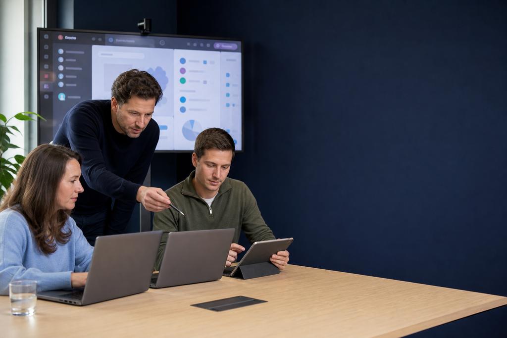 Illustratieve Microsoft 365-trainer en twee medewerkers die Teams-, SharePoint- en OneDrive-samenwerking oefenen op beheerde laptops en een tablet