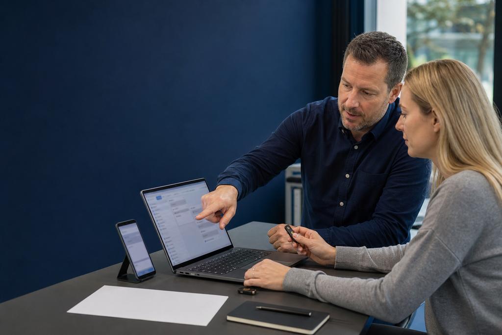 Illustratieve Microsoft 365-trainer en medewerker die Outlook, een gedeelde mailbox en veilige MFA-aanmelding oefenen op beheerde apparaten