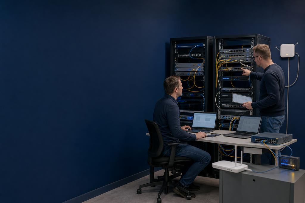 Illustratieve netwerkarchitect en operationsengineer die telefonie, videobellen, applicatieverkeer, QoS, WiFi, VPN en capaciteit onder belasting testen