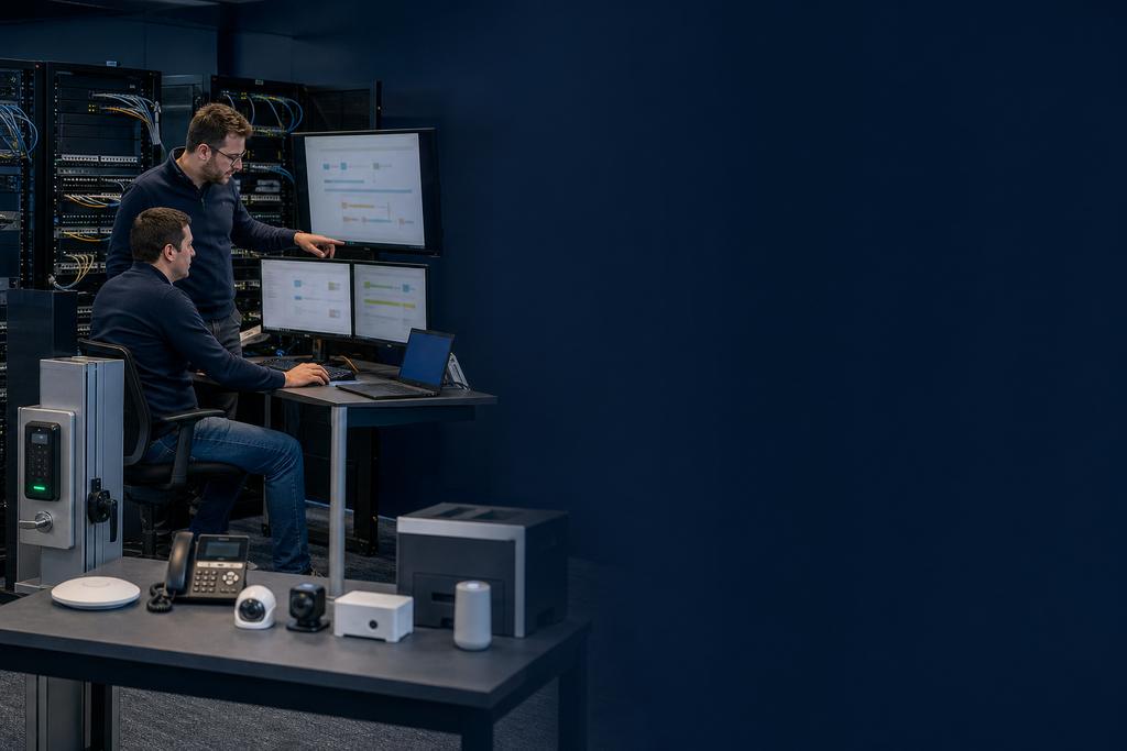 Illustratieve netwerksecurityarchitect en engineer die productieapparatuur, switches, firewallzones, controllers en toegestane netwerkverbindingen testen