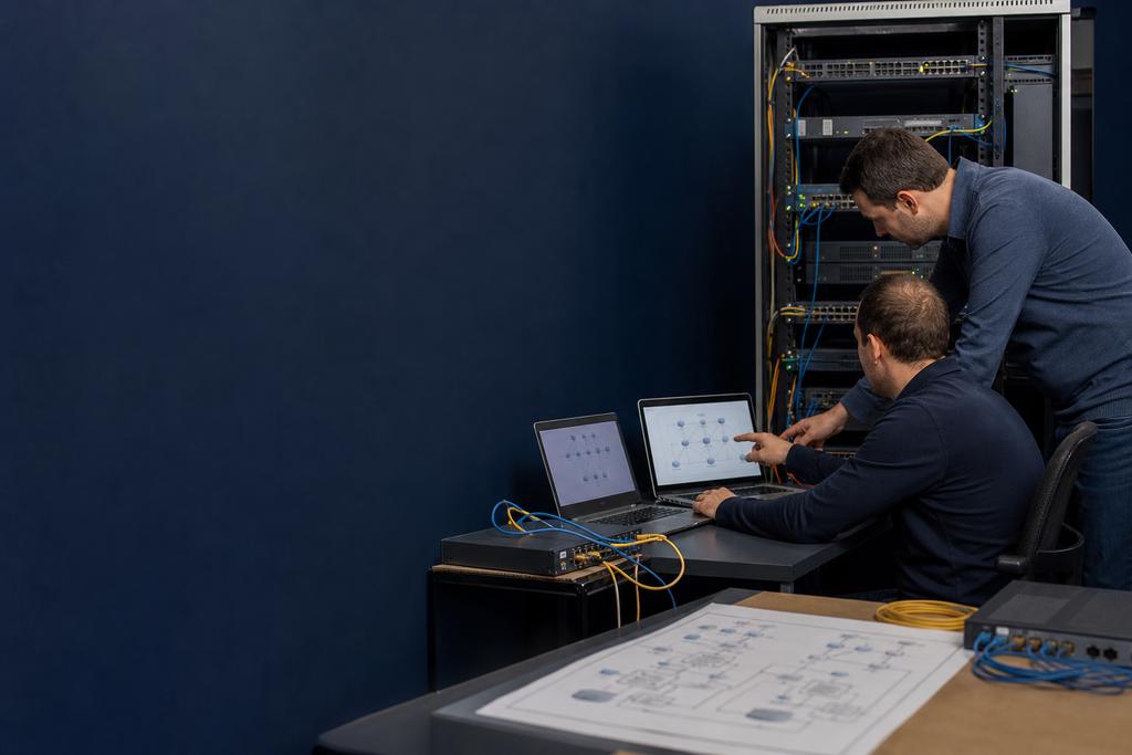 Illustratieve netwerkarchitect en engineer die bedrijfsprocessen, internet, switches, WiFi, cloudverbindingen en beheer in een netwerkontwerp uitwerken