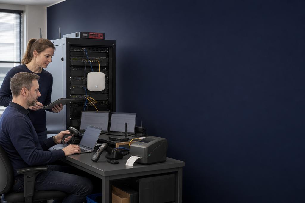Illustratieve netwerkarchitect en applicatiespecialist die werkvloer-WiFi, scanner, labelprinter, bedrijfsapplicatie, database en een gebruikstest beoordelen