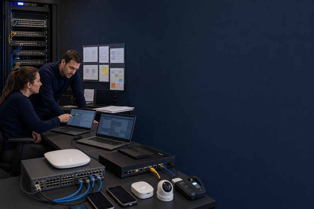 Illustratieve IT-specialisten die netwerkzones, wifi, verbindingen en technische foutmeldingen tijdens een IT-storing controleren