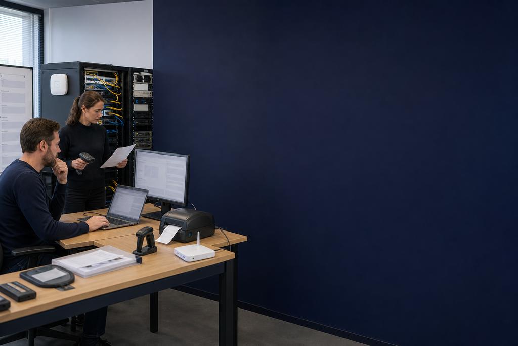Illustratieve netwerkauditor en applicatiespecialist die werkvloer-WiFi, scanner, switches, firewall, bedrijfsapplicatie, database en printer controleren