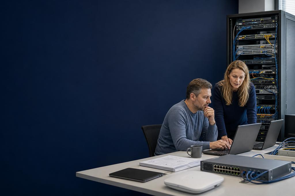 Illustratieve netwerkengineer en serviceverantwoordelijke die switches, routers, WiFi, internet, meldingen, configuratieback-ups en onderhoud beheren
