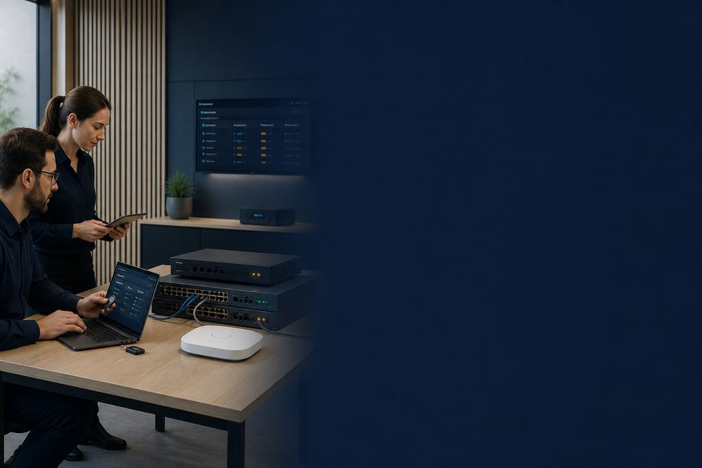 Illustratieve identity- en netwerkbeveiligingsspecialisten die gebruiker, beheerde laptop, certificaat, WiFi- en VPN-rol, kleine applicatieroute en intrekking testen