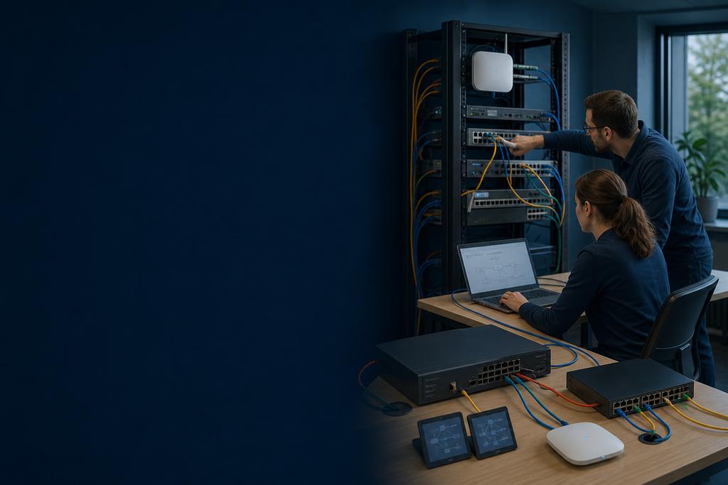 Illustratieve cybersecurityspecialisten die accounts, werkplekken, netwerktoegang, bedrijfssoftware en herstel rond een belangrijke taak controleren