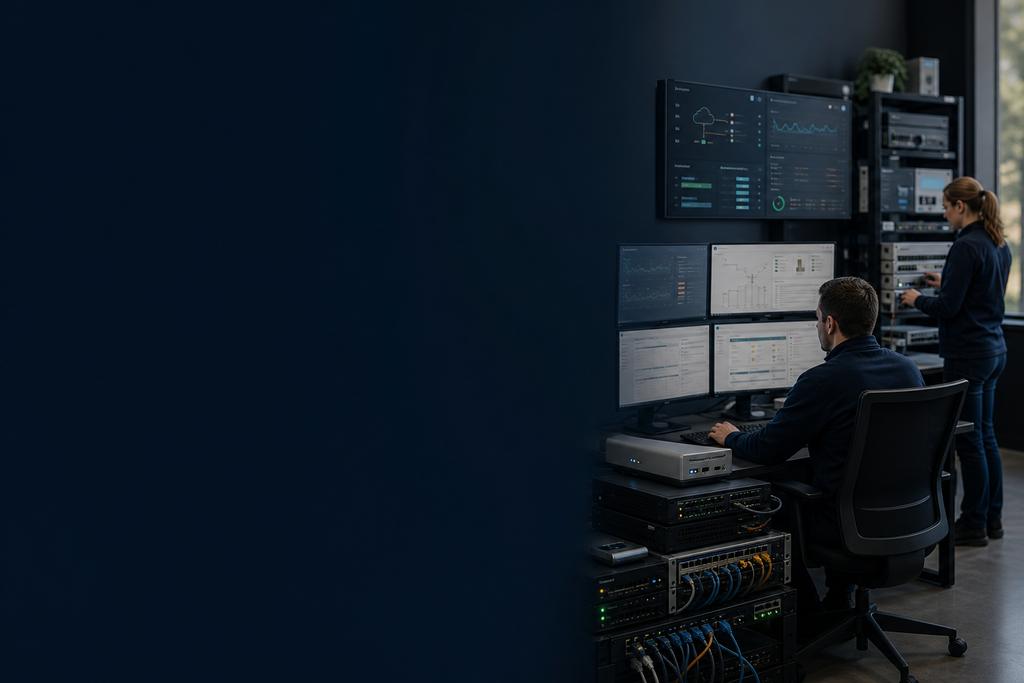 Illustratieve netwerksecurityengineers die NDR-telemetry, firewalllogs, cloudroutes, dubbele WAN-paden, failover en herstel valideren