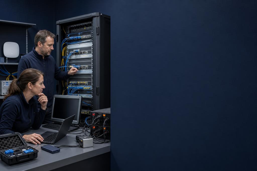 Illustratieve WiFi-specialisten die na een controllercrash accesspoints in kleine groepen herstellen en clienttaken testen