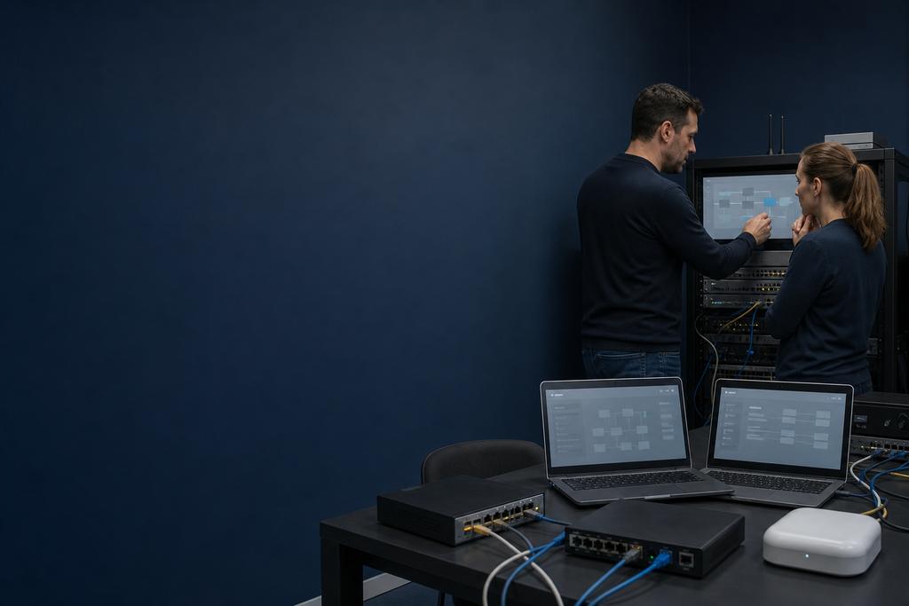 Illustratieve netwerk- en securityspecialisten die na een edgecrash firewall, routes, NAT en VPN gecontroleerd herstellen