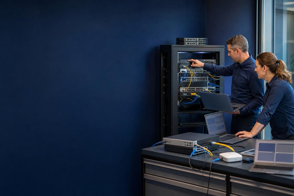 Illustratieve netwerk- en backupspecialisten die DNS, firewall, VPN, certificaat en toegang tot een herstelde dienst controleren