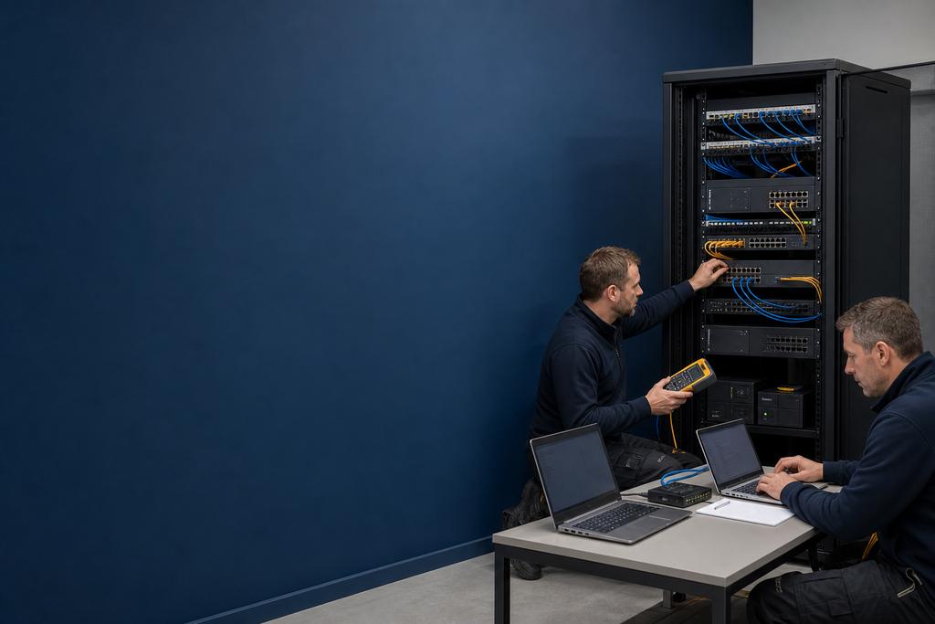 Illustratieve IT-installatiespecialisten die netwerkonderdelen, verbindingen, bewaking en terugweg voor oplevering controleren