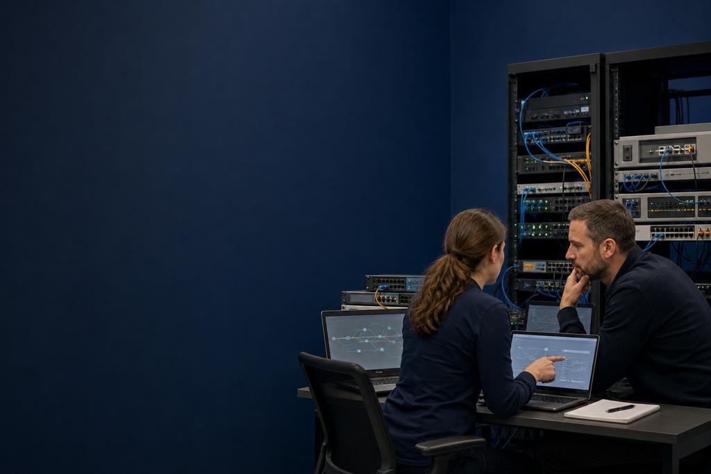 Illustratieve netwerk- en securityengineers die heartbeats, primaire en reservepaden, sessies, regels, failover en terugkeer onderzoeken