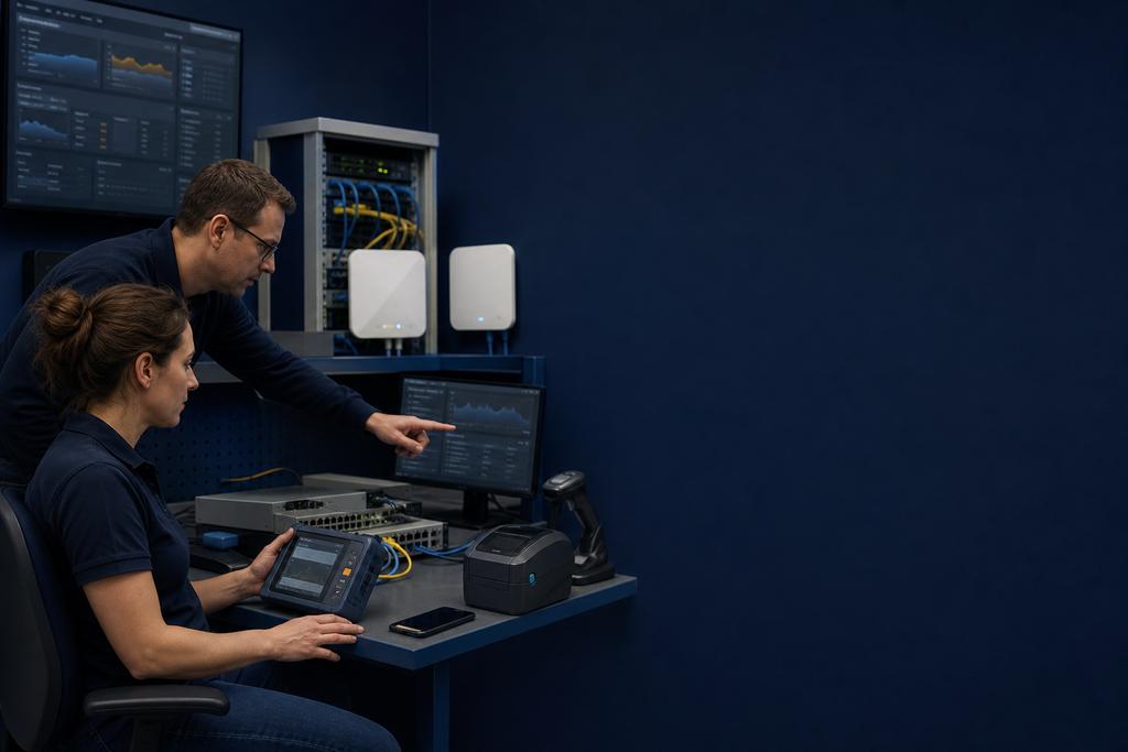Illustratieve netwerk- en OT-specialisten die passieve switch-, gateway-, flow- en processignalen van een wisselende productiestoring onderzoeken