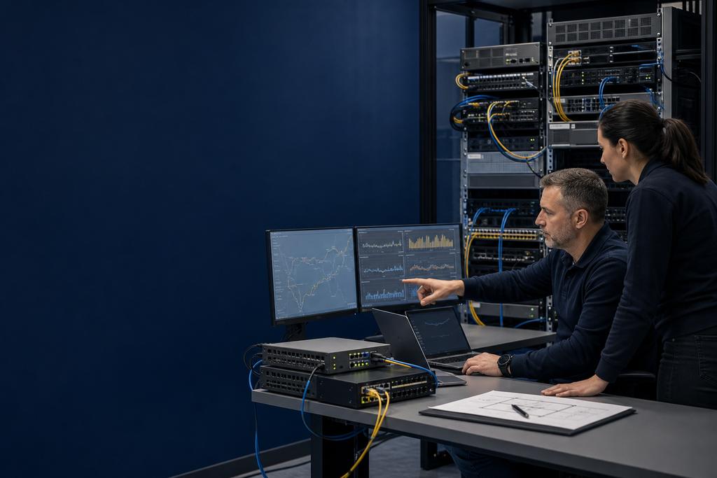 Illustratieve IT-specialisten die netwerk-, beveiligings-, cloud- en herstelmetingen controleren