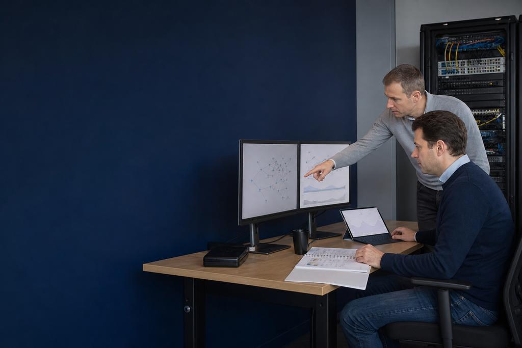 Illustratieve IT-specialist en beheerder die meetbronnen, datakwaliteit en dashboarddefinities bespreken