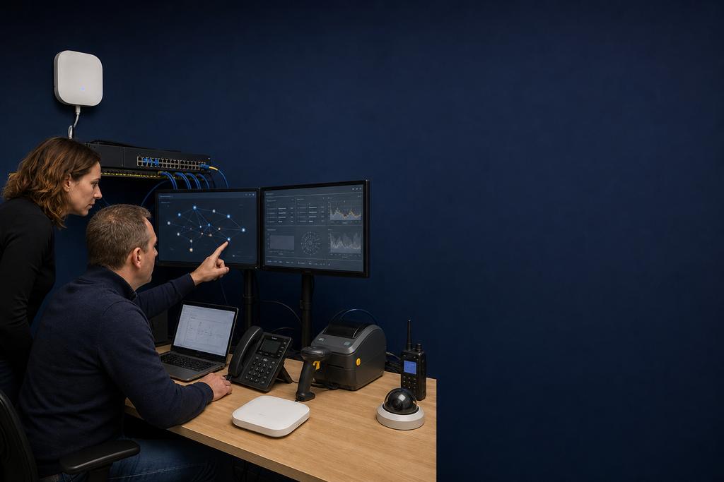 Illustratieve IT-specialisten die account-, werkplek- en netwerkmetingen controleren