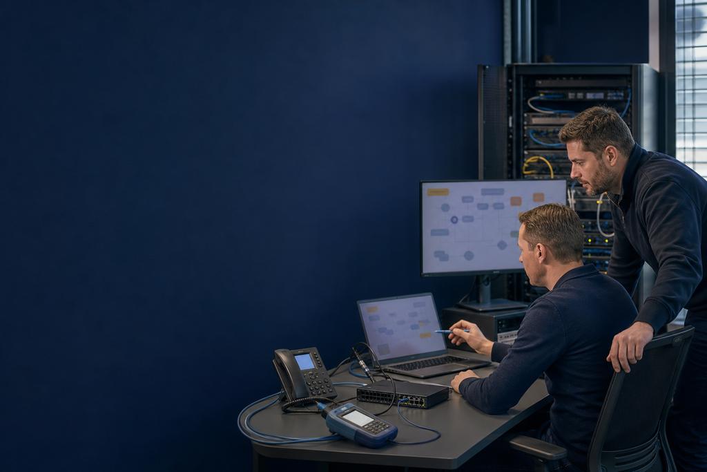 Illustratieve netwerkhelpdesk en engineer die bij acute uitval de belangrijkste werktaak en één veilige noodmaatregel bepalen